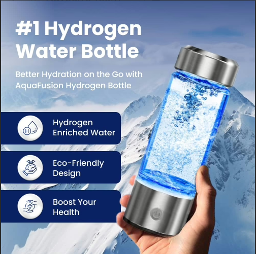 #1 hydrogen water bottle held in hand with glowing blue water